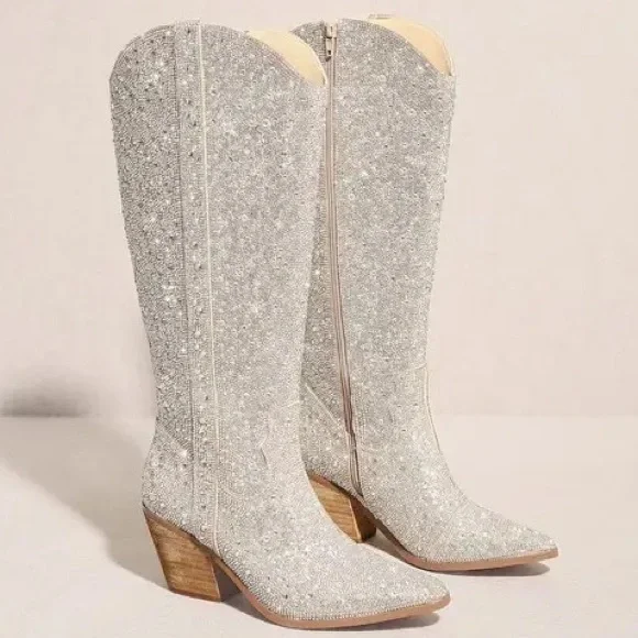 Last Pair! Nashville Silver Rhinestone Embellished Fashion Tall Cowboy Boots 6.5 - Picture 4 of 7